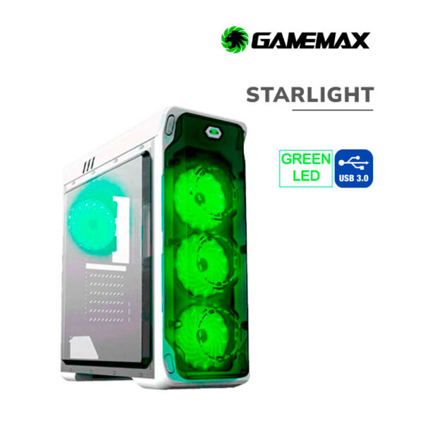 CASE GAMEMAX (STARLIGHT-W-GREEN) S/FUENTE | BLANCO | 1 PANEL ACRILICO | LED-VERDE