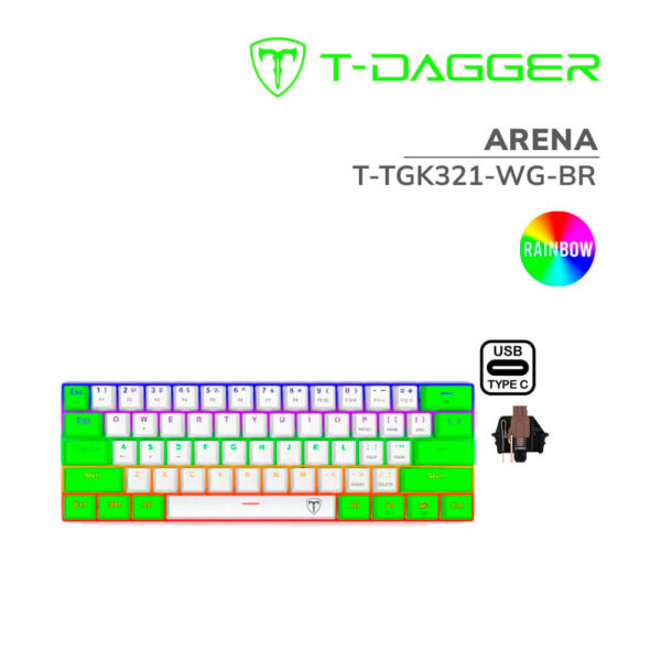 TECLADO T-DAGGER ARENA WHITE/GREEN ( T-TGK321-WG-BR ) GAMING | SWITCH BROWN | RETROILUMINACION RAINBOW