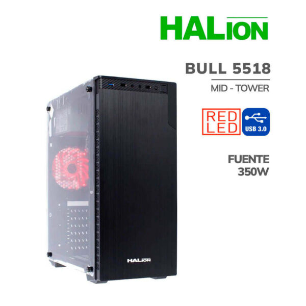 CASE HALION BULL 5518 ( BULL 5518RED ) 350W | NEGRO | 1 VIDRIO TEMPLADO | ATX - MATX