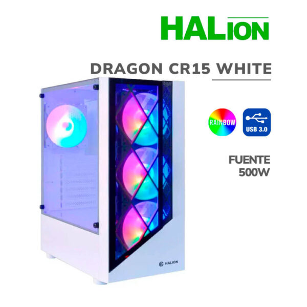 CASE GAMER HALION DRAGON CR15 WHITE ( CR15 WHITE ) 500W | VIDRIO TEMPLADO | LED-RAINBOW