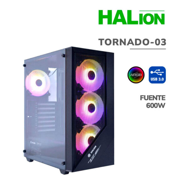 CASE GAMER HALION TORNADO-03 ( TORNADO 03 ) 600W | VIDRIO TEMPLADO | 4 LED-ARGB