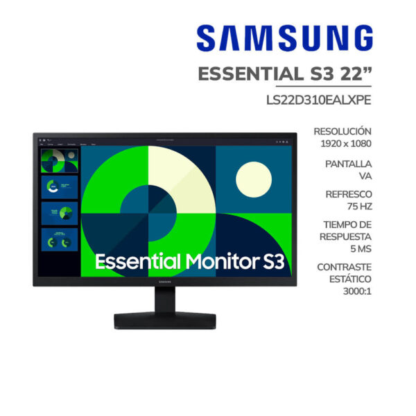MONITOR SAMSUNG 22" ESSENTIAL S3 (LS22D310EALXPE) PANEL VA FHD | 75HZ - 5MS | HDMI - VGA