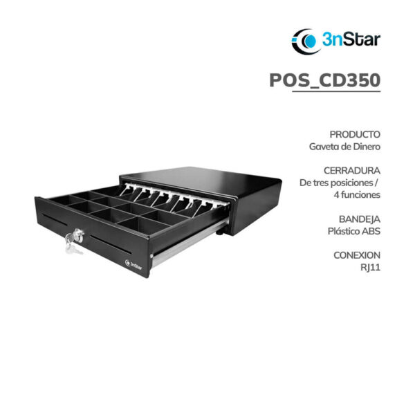 GAVETA DE DINERO 3NSTAR POS_CD350 CONEXION RJ11 5 TIPOS DE BILLETES 8 TIPOS DE MONEDAS