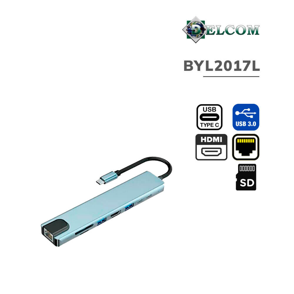 hub-usb-c-delcom-8-en-1-byl2017l-usb-c-2-usb-3.0-rj45-hdmi-tf+sd-pc-speed HUB USB-C DELCOM 8 EN 1 ( BYL2017L ) USB-C - 2 USB 3.0 - RJ45 -HDMI - TF+SD