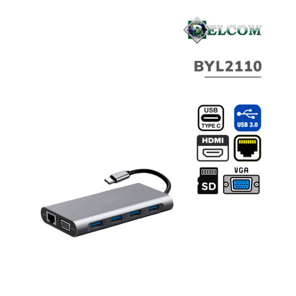 HUB USB-C DELCOM 11 EN 1 ( BYL2110 ) USB-C - 4 USB 3.0 - RJ45 - VGA - HDMI - TF+SD - AUDIO