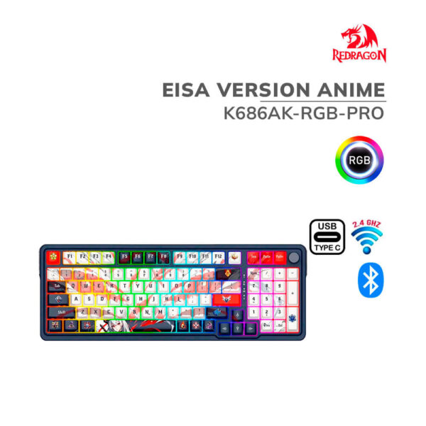 TECLADO GAMER REDRAGON EISA VERSION ANIME (K686AK-RGB-PRO) SWITCH VERDE MENTA| WIRED- WIRELESS- BT| LED RGB