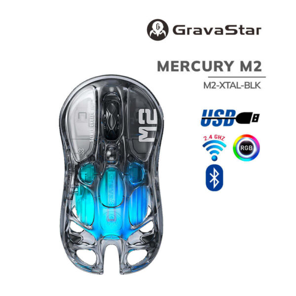 MOUSE GAMER GRAVASTAR MERCURY M2 ( M2-XTAL-BLK ) WIRELESS | SENSOR PAW3395 - 26K DPI | TRANSPARENT BLACK | LED-RGB