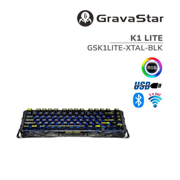 TECLADO GAMER GRAVASTAR K1 LITE ( GSK1LITE-XTAL-BLK ) WIRELESS - BT - WIRED | SWITCH BSUN LINEAR | LED-RGB