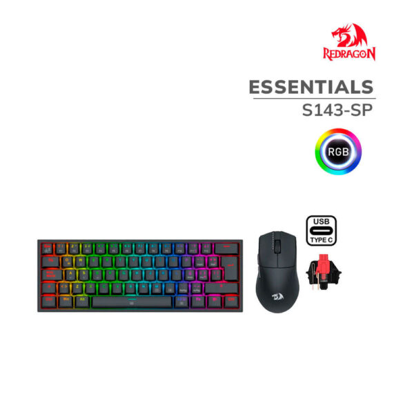 KIT GAMER REDRAGON GAMING ESSENTIALS (S143-SP) LED RGB| TECLADO Y MOUSE| SWITCH RED| BLACK