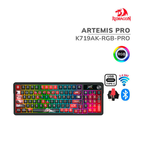 TECLADO GAMER REDRAGON ARTEMIS PRO ( K719AK-RGB-PRO ) SWITCH LION L | WIRED - WIRELESS - BT | PANTALLA LCD | LED-RGB