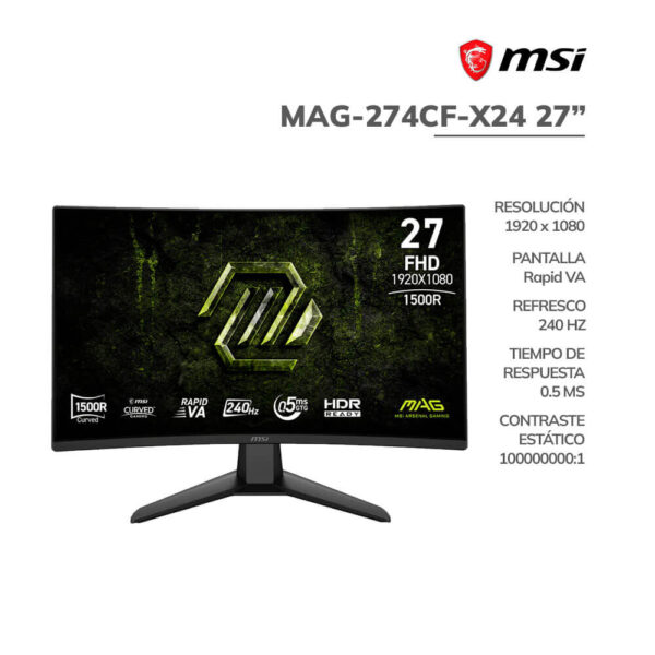 MONITOR GAMER MSI 27" (MAG-274CF-X24) PANEL RAPID VA CURVO | FHD 1920X1080 | 240 HZ - 0.5MS | HDMI - DP
