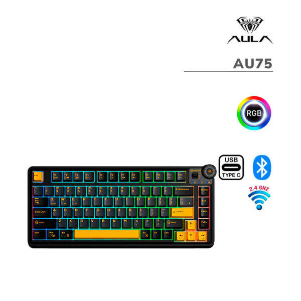 TECLADO GAMER AULA AU75 (AU75) WIRED - BT - WIRELESS | BLACK/YELLOW | SWITCH MECHANICAL | LED-RGB