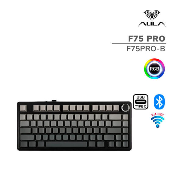 TECLADO GAMER AULA F75 PRO (F75PRO-B) WIRED - BT - WIRELESS | GRADIENT GREY | SWITCH REAPER | LED-RGB