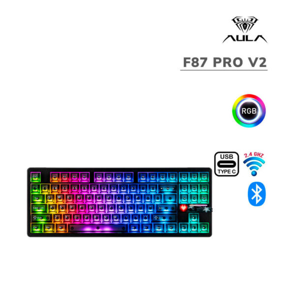TECLADO GAMER AULA F87 PRO V2 (F87 PRO V2) WIRED - BT - WIRELESS | BLACK FROSTED TRANSPARENT | SWITCH X3 | LED-RGB