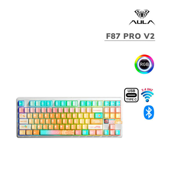 TECLADO GAMER AULA F87 PRO V2 (F87 PRO V2) WIRED - BT - WIRELESS | DYE SUBLIMATED | SWITCH METEOR ICE CREAM | LED-RGB
