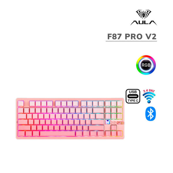 TECLADO GAMER AULA F87 PRO V2 (F87 PRO V2) WIRED - BT - WIRELESS | GRADIENT PINK | SWITCH STRAWBERRY MINT | LED-RGB