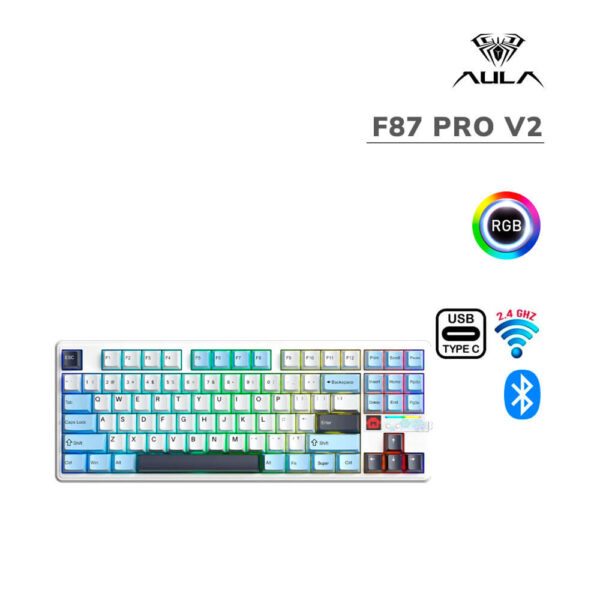 TECLADO GAMER AULA F87 PRO V2 (F87 PRO V2) WIRED - BT - WIRELESS | WHITE/BLUE/DARK PURPLE | SWITCH STAR VECTOR | LED-RGB