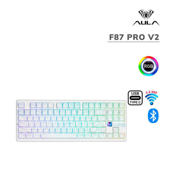 TECLADO GAMER AULA F87 PRO V2 (F87 PRO V2) WIRED - BT - WIRELESS | WHITE CONTOUR | SWITCH STAR VECTOR | LED-RGB