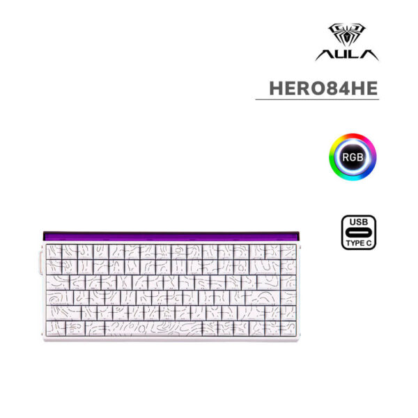 TECLADO GAMER AULA HERO84HE (HERO84HE) WIRED | WHITE CONTOUR | SWITCH BLACK KING MAGNETIC | LED-RGB