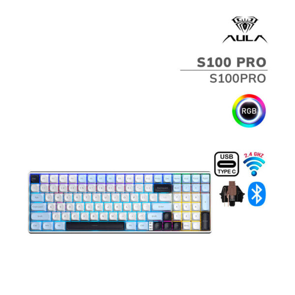 TECLADO GAMER AULA S100 PRO (S100PRO) WIRED - BT - WIRELESS | LIGHT BLUE/WHITE/BLACK PURPLE | SWITCH BROWN | LED-RGB