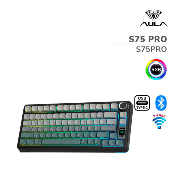 TECLADO GAMER AULA S75 PRO (S75PRO) WIRED - BT - WIRELESS | BLACK/WHITE/DARK PURPLE | SWITCH SEIYA | LED-RGB
