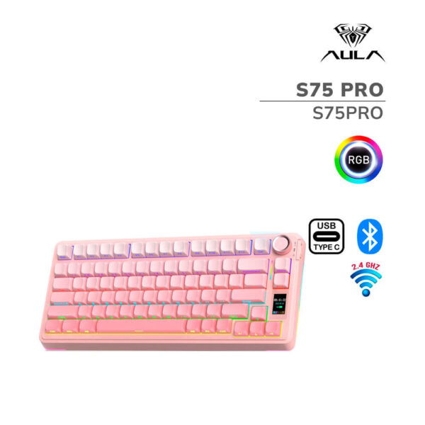 TECLADO GAMER AULA S75 PRO (S75PRO) WIRED - BT - WIRELESS | PINK | SWITCH GREYWOOD V3 | LED-RGB