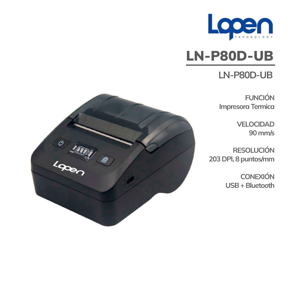 LN-P80D-UB IMPRESORA PORTATIL TERMICA LOPEN LN-P80D-UB 90MM USB/BLUETOOTH - Imagen 1