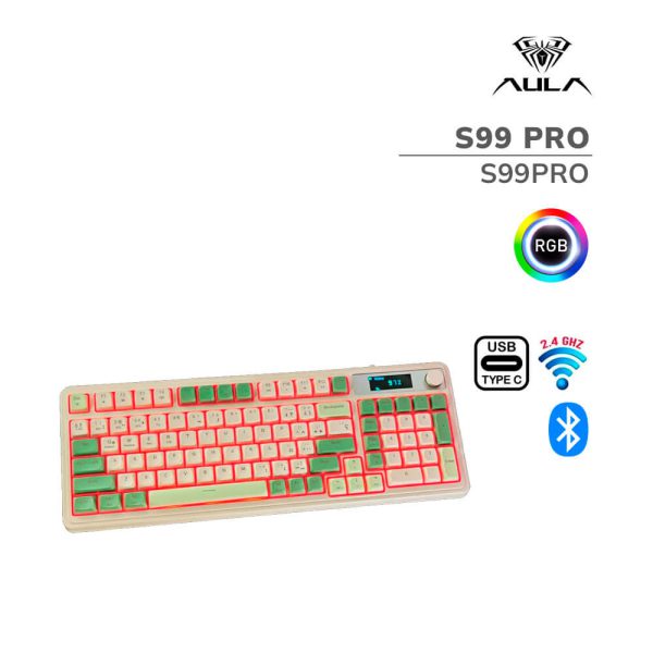 TECLADO GAMER AULA S99 PRO (S99PRO) WIRED - BT - WIRELESS | GREEN LIGHT CREAM
