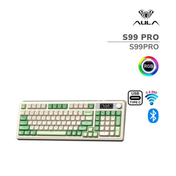 TECLADO GAMER AULA S99 PRO (S99PRO) WIRED - BT - WIRELESS | GREEN LIGHT CREAM