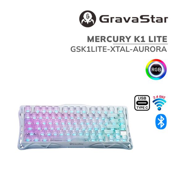 TECLADO GAMER GRAVASTAR MERCURY K1 LITE CRYSTAL AURORA (GSK1LITE-XTAL-AURORA) WIRELESS| SWITCH BSUN LINEAR| LED-RGB