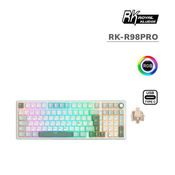 TECLADO GAMER ROYAL KLUDGE (RK-R98PRO) SKY CYAN | CREAM SWITCH | CABLEADO | LED-RGB