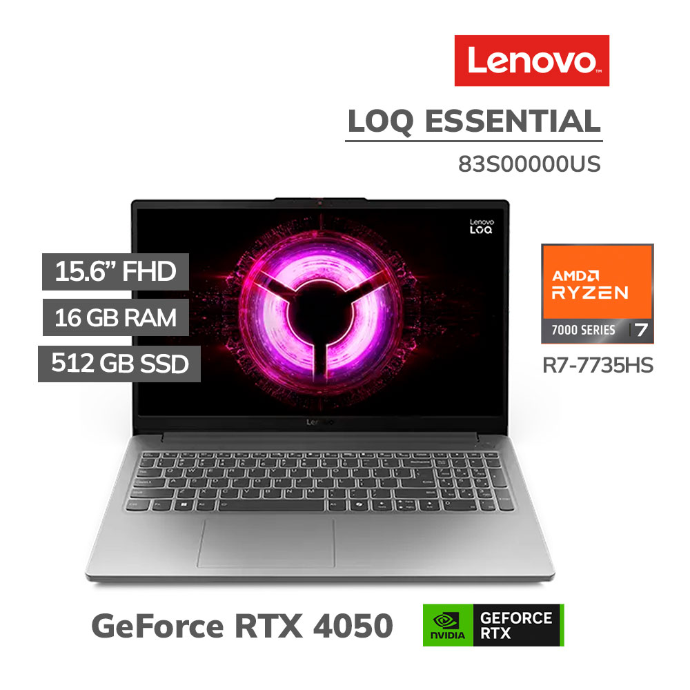83S00000US LAPTOP GAMER LENOVO LOQ ESSENTIAL RYZEN 7-7735HS 16GB 512GB SSD GEFORCE RTX 4050 6GB 15.6 FHD 144HZ WINDOWS 11(83S00000US) - Imagen 1