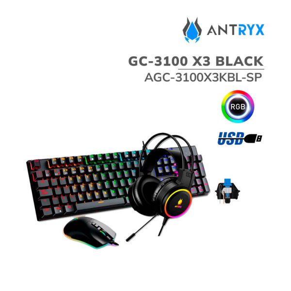 KIT GAMER ANTRYX GC-3100 X3 BLACK (AGC-3100X3KBL-SP) TECLADO + MOUSE + AUDIFONO | SWITCH AZUL