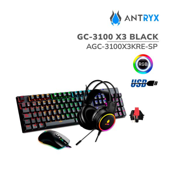 KIT GAMER ANTRYX GC-3100 X3 BLACK (AGC-3100X3KRE-SP) TECLADO + MOUSE + AUDIFONO | SWITCH ROJO