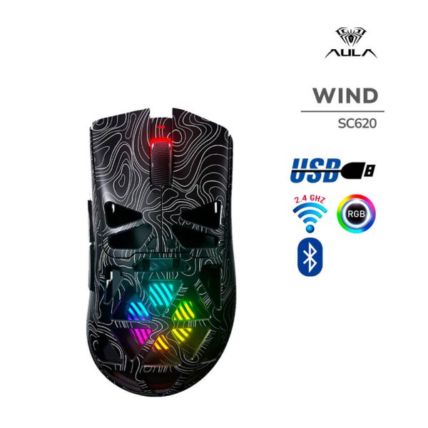 MOUSE GAMER AULA WIND (SC620) BLACK LINES | WIRED - BT - WIRELESS | 12000DPI | PIXART 3311 | LED-RGB