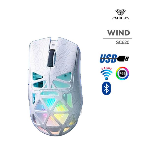 MOUSE GAMER AULA WIND (SC620) WHITE LINES | WIRED - BT - WIRELESS | 12000DPI | PIXART 3311 | LED-RGB