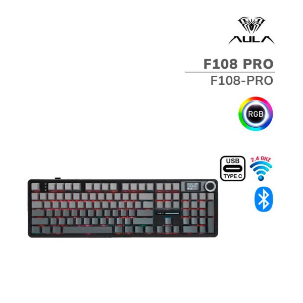 TECLADO GAMER AULA F108 PRO (F108-PRO) WIRED - BT - WIRELESS | BLACK DEGRADED | SWITCH FLOWER | LED-RGB