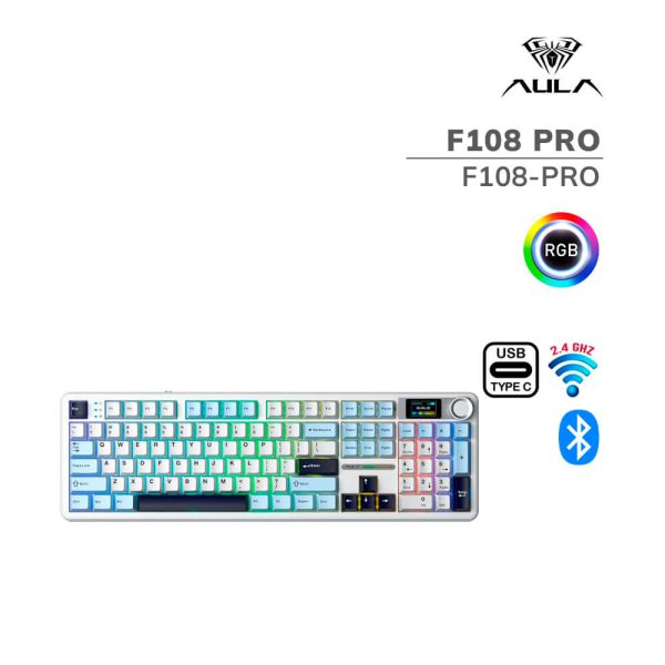 TECLADO GAMER AULA F108 PRO (F108-PRO) WIRED - BT - WIRELESS | BLUE/WHITE/DARK PURPLE | SWITCH FLOWER | LED-RGB