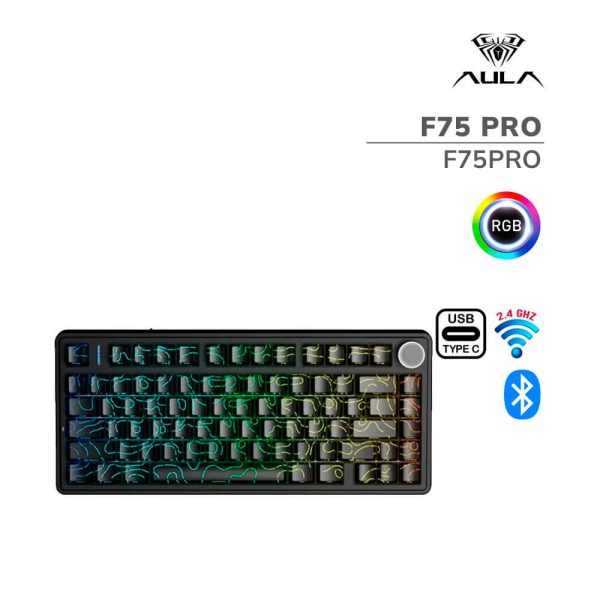 TECLADO GAMER AULA F75 PRO (F75PRO) WIRED - BT - WIRELESS | BLACK CONTOUR | SWITCH STAR VECTOR | LED-RGB