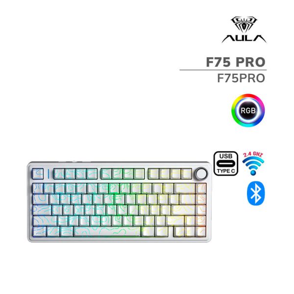 TECLADO GAMER AULA F75 PRO (F75PRO) WIRED - BT - WIRELESS | WHITE CONTOUR | SWITCH STAR VECTOR | LED-RGB