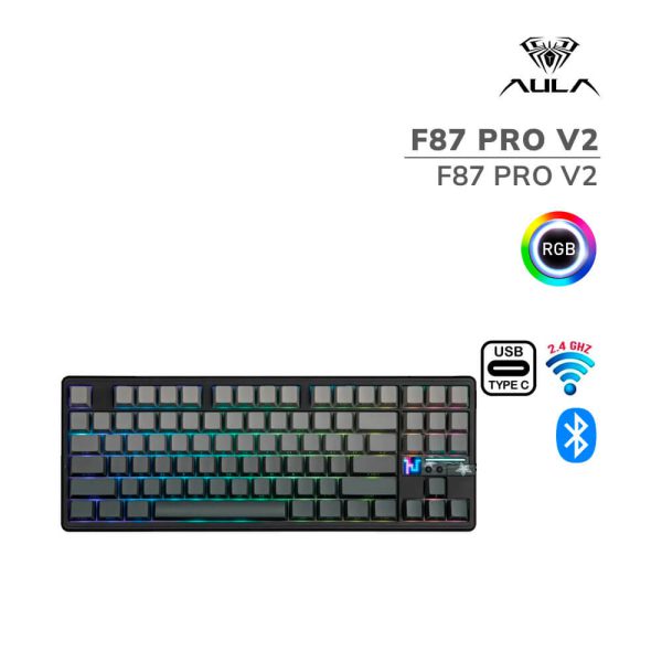 TECLADO GAMER AULA F87 PRO V2 (F87 PRO V2) WIRED - BT - WIRELESS | BLACK DEGRADED | SWITCH GRAY WOOD | LED-RGB