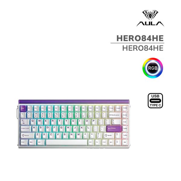 TECLADO GAMER AULA HERO84HE (HERO84HE) WIRED | WHITE/PURPLE | SWITCH BLACK KING MAGNETIC | LED-RGB