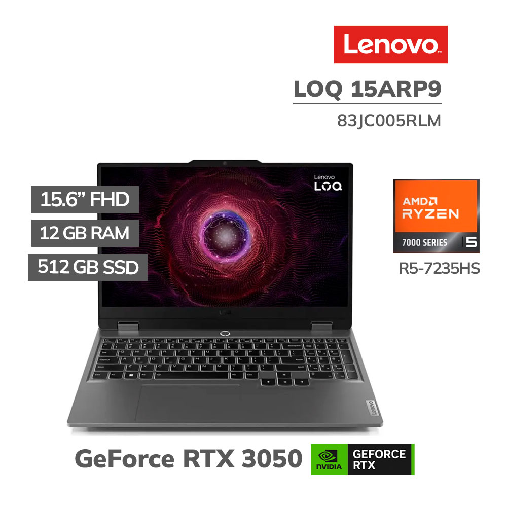 83JC005RLM LAPTOP GAMER LENOVO LOQ 15ARP9 RYZEN 5-7235HS 12GB 512GB GEFORCE RTX 3050 6GB 15.6″ FHD WINDOWS 11 (83JC005RLM) - Imagen 1