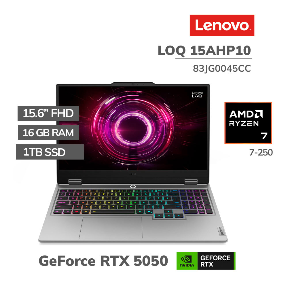 83JG0045CC LAPTOP GAMER LENOVO LOQ 15AHP10 RYZEN 7 250 16GB DDR5 1TB SSD RTX 5050 8GB 15.6 FHD WINDOWS 11(83JG0045CC) - Imagen 1