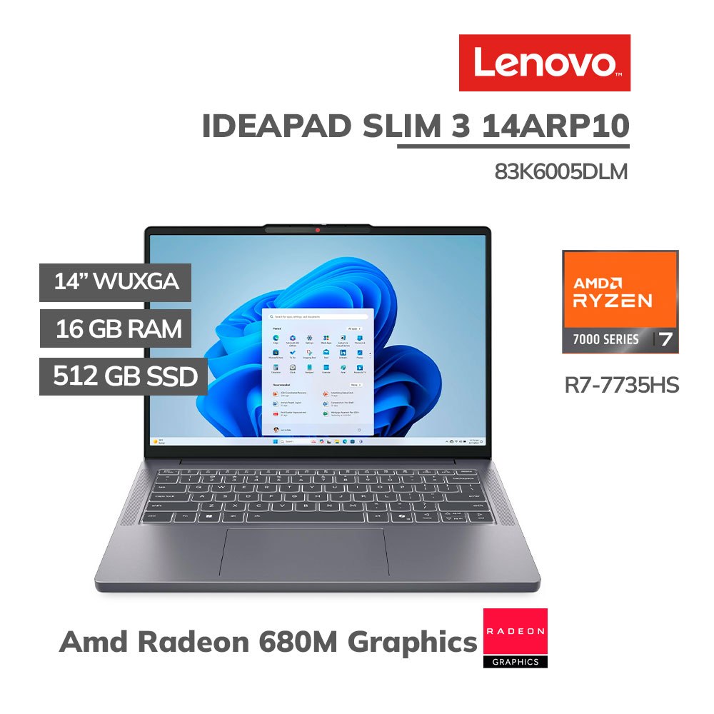 83K6005DLM LAPTOP LENOVO IDEAPAD SLIM 3 14ARP10 RYZEN 7-7735HS 16GB 512GB SSD 14" WUXGA OLED FREEDOS ( 83K6005DLM ) - Imagen 1