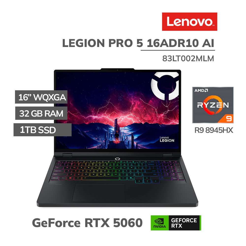 83LT002MLM LAPTOP GAMER LENOVO LEGION PRO 5 16ADR10 AI RYZEN 9 8945HX 32GB 1TB RTX 5060 8GB 16 WQXGA FREEDOS (83LT002MLM) - Imagen 1