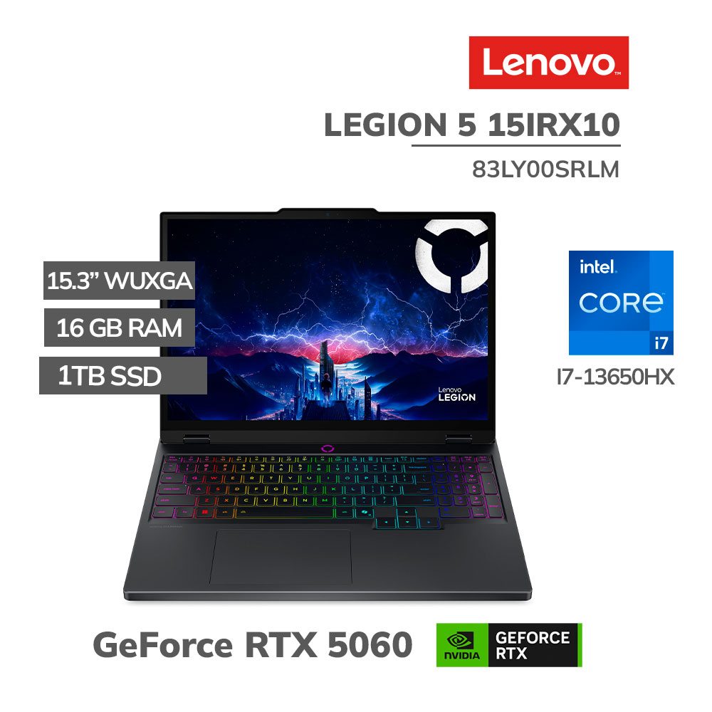 83LY00SRLM LAPTOP GAMER LENOVO LEGION 5 15IRX10 I7-13650HX 16GB 1TB SSD GEFORCE RTX 5060 8GB 15.3 WQXGA 165HZ FREEDOS (83LY00SRLM) - Imagen 1