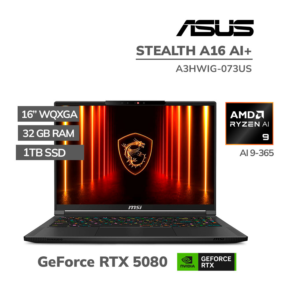 A3HWIG-073US LAPTOP GAMER MSI STEALTH A16 AI+ A3HWIG-073US RYZEN AI 9-365 32GB 1TB SSD RTX 5080 16GB 16 QHD+ 240HZ WINDOWS 11 - Imagen 1