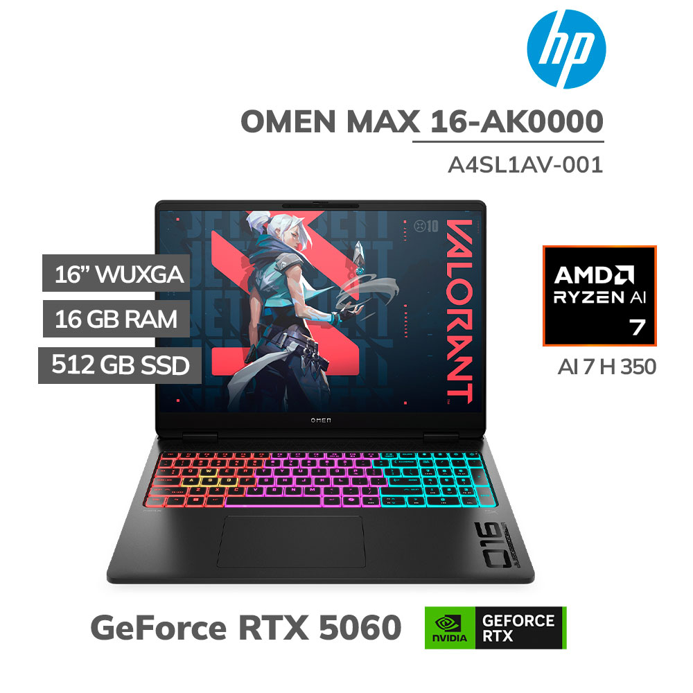 A4SL1AV-001 LAPTOP GAMER HP OMEN MAX 16-AK0000 RYZEN AI 7 H 350 16GB 512GB SSD GEFORCE RTX 5060 8GB 16 WUXGA WINDOWS 11 ( A4SL1AV-001 ) - Imagen 1