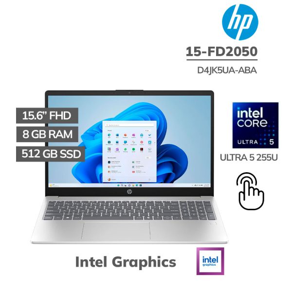 LAPTOP HP 15-FD2050 ULTRA 5 255U 8GB DDR5 512GB SSD 15.6 FHD TOUCHSCREEN WINDOWS 11 (D4JK5UA-ABA)